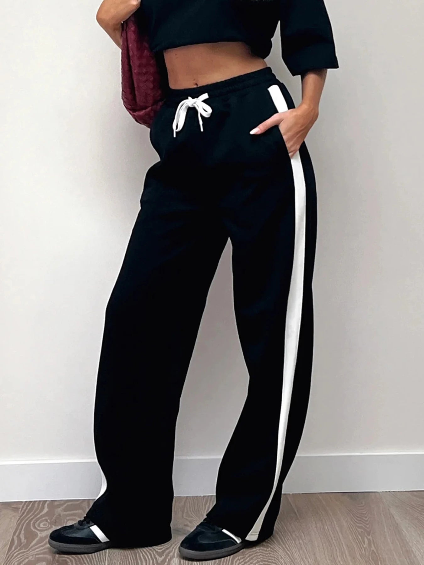 Gray Drawstring Elastic High Waist Casual Sweatpants Women Side Stripe Contrast Patchwork Black Loose Jogging Track Pants