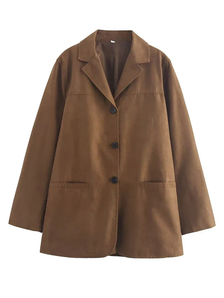 Turn Down Collar Brown Autumn Jacket for Women Casual Single Breasted Long Coat Jacket Female Winter Jacket Back Slit