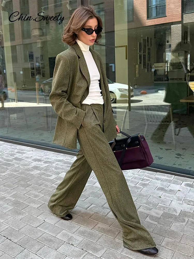 Elegant Coat Pant Sets Woman Fashion Lapel Long Sleeve Single Breasted Blazer Wide Leg Pants 2 Piece Set For Women Loose Outfits