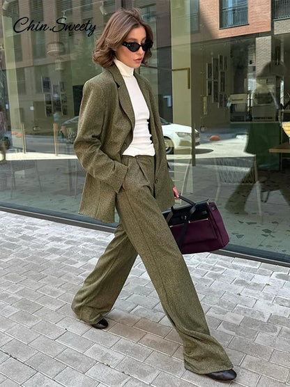 Elegant Coat Pant Sets Woman Fashion Lapel Long Sleeve Single Breasted Blazer Wide Leg Pants 2 Piece Set For Women Loose Outfits