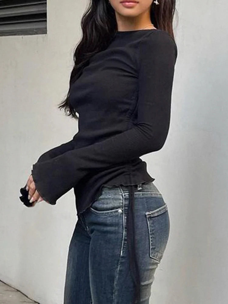 Black Solid Ribbed O Neck Slim Long Sleeve Basic Long Sleeve T Shirt Women Side Shirring Lace-Up Chic Fashion Elegant Simple Tee