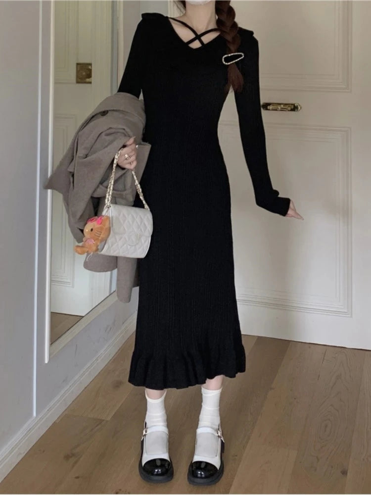 Autumn Knitted Dresses for Women Ruffles V-neck Solid Bodycon Casual Solid Midi Dress Korean Fashion Vestidos Mujer New Knitwear