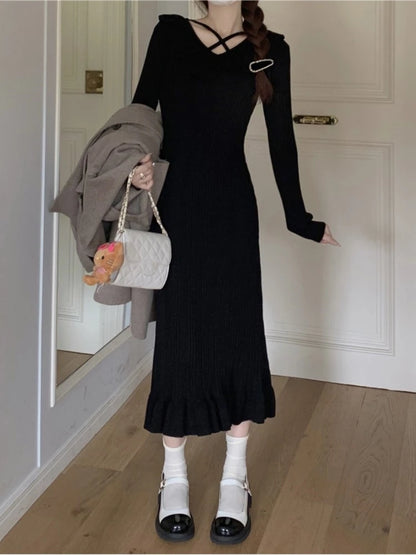 Autumn Knitted Dresses for Women Ruffles V-neck Solid Bodycon Casual Solid Midi Dress Korean Fashion Vestidos Mujer New Knitwear