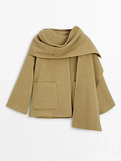 Woolen Scarf Collar Casual Coat Women Single Breasted Elegant Thicken Warm Pocket Loose Solid Jacket Winter Long Sleeve Outwear