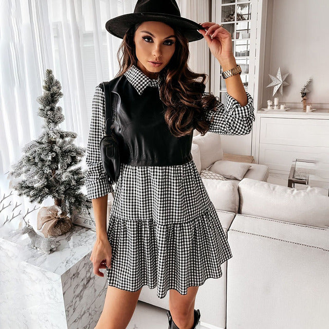 Plaid Shirt Casual Vestidos Long Sleeve White Short Dress For Women Summer PU Leather Patchwork Sweet Office Ladies Mini Dresses