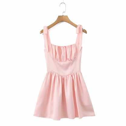 2025 Pleated Design Tie-up Sleeveless Summer Dresses Women Solid Color Slim Fit Mini Dress Simple Fashion Party Dress