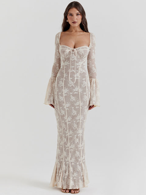 Lace Print Long Flare Sleeve Sexy Maxi Dress For Women Fashion Square Collar Backless Bodycon Club Party Sexy Dress