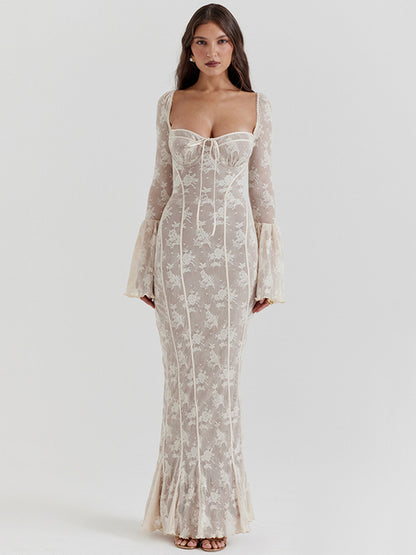 Lace Print Long Flare Sleeve Sexy Maxi Dress For Women Fashion Square Collar Backless Bodycon Club Party Sexy Dress