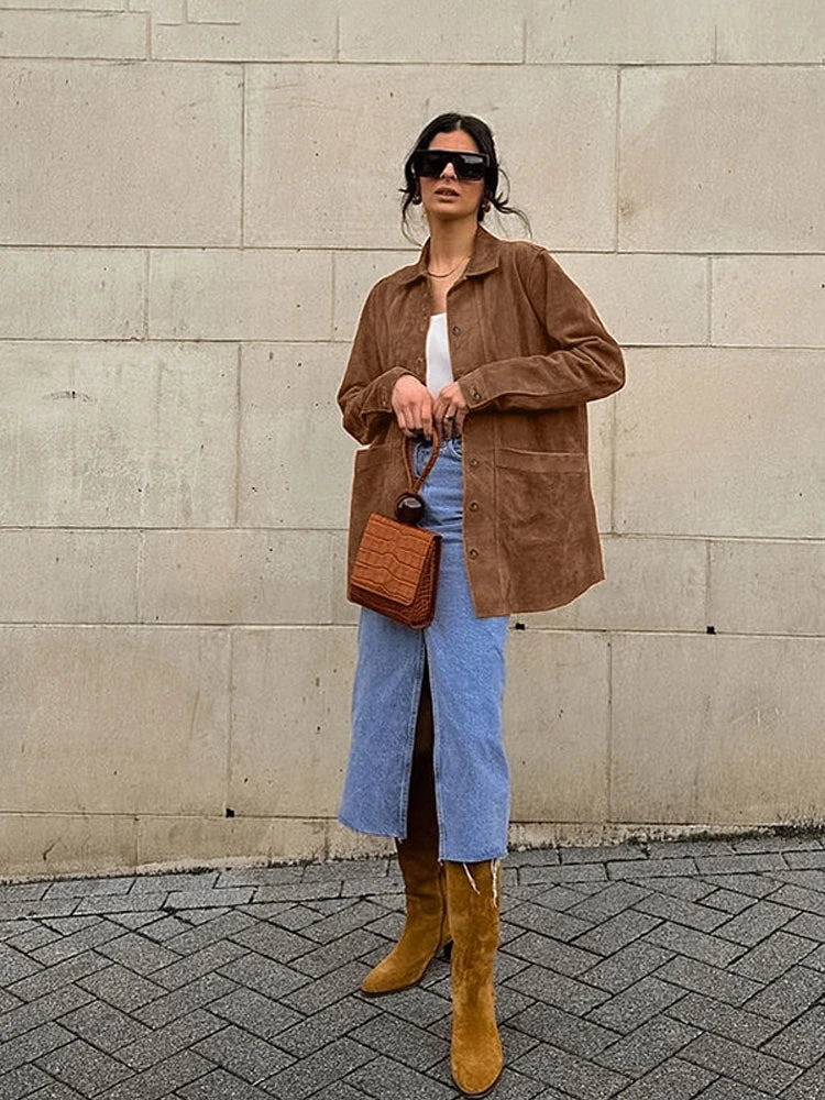 Casual Suede Long Sleeve Jackets Women Autumn Loose Brown Lapel Coat Top With Pockets Female Elegant Chic Street New in Outwear