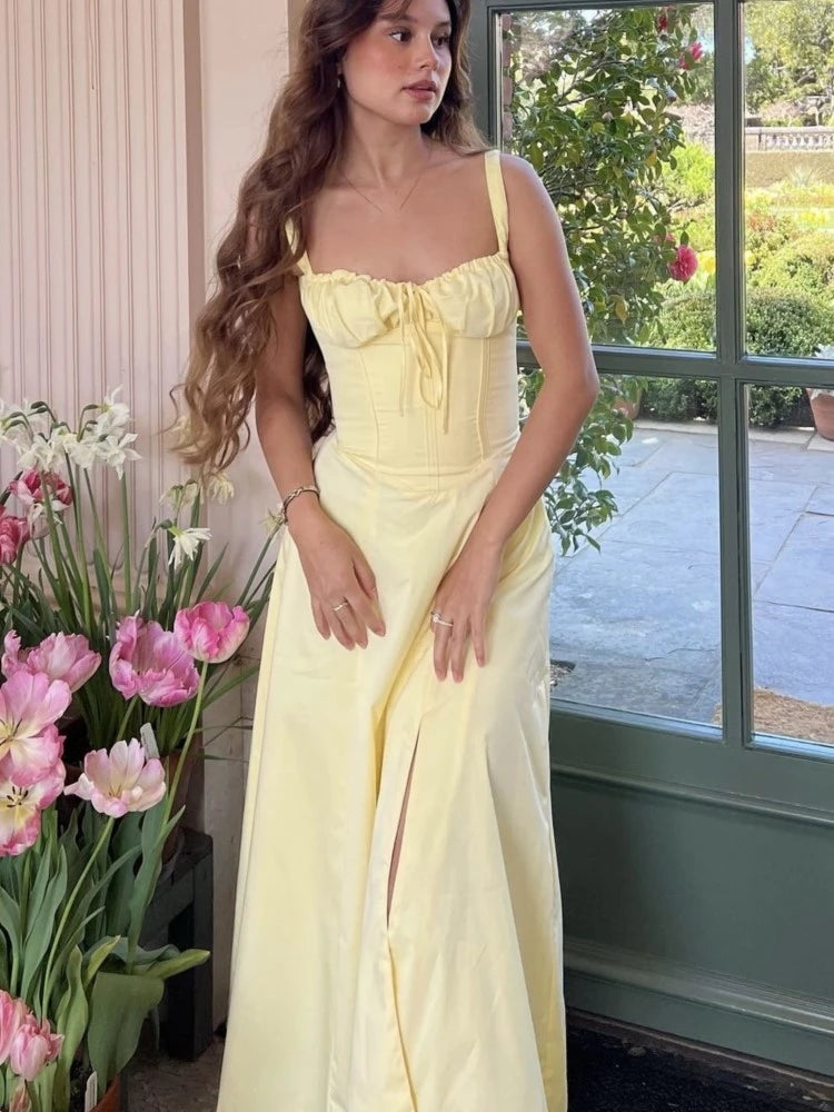 French Vintage Strap Birthday Party Dress High Split Lace-up Summer Off Shoulder A-line Sleeveless Prom Robe Solid Vestido Mujer