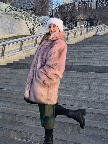 Winter Faux Fur Long Coat For Women Fashion Full Sleeve Fur Collar Oversize Female Jacket  New Elegant Thick Warm Outwear
