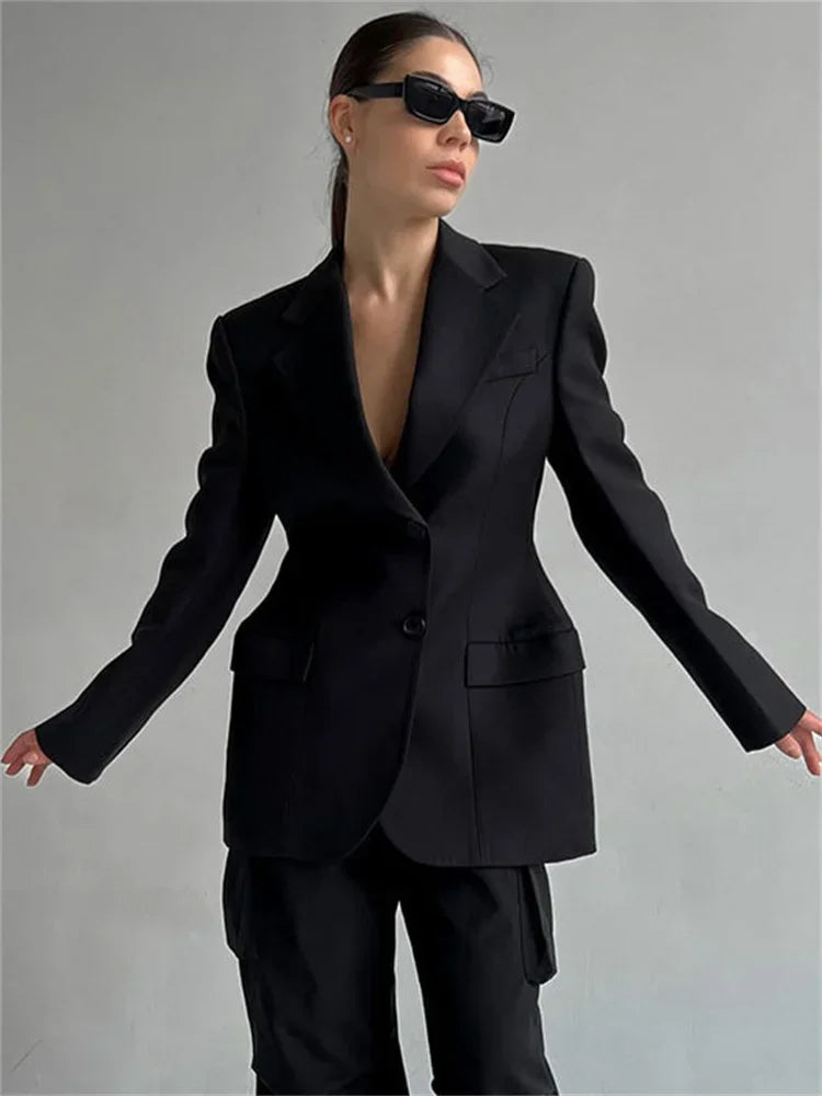 Black Lapel Suit Outwear For Women Pocket Long Sleeve Elegant Commute Patchwork Coat Female High Waist Autumn Blazers 2025