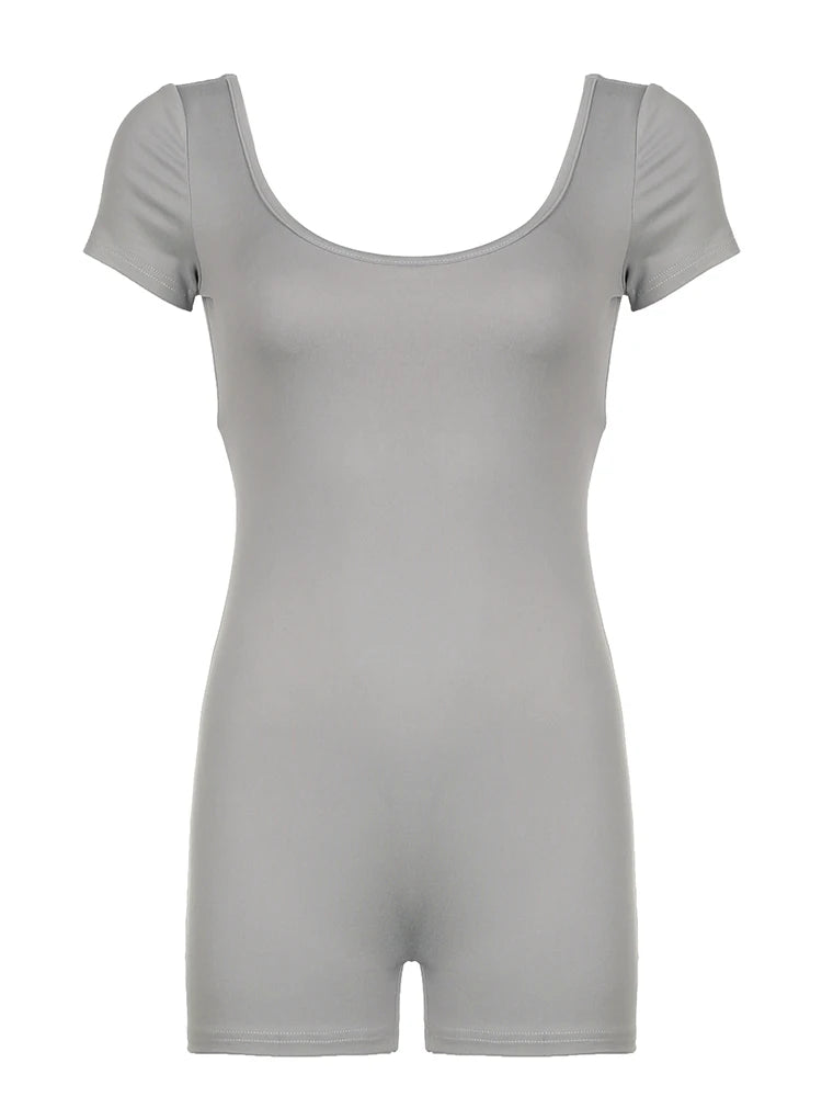Shirring Backless Square Collar Short Sleeve Skinny Sexy Gray Rompers Womens Playsuit Black Rave Summer Baddie Outfits