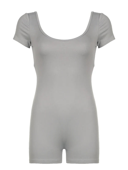 Shirring Backless Square Collar Short Sleeve Skinny Sexy Gray Rompers Womens Playsuit Black Rave Summer Baddie Outfits