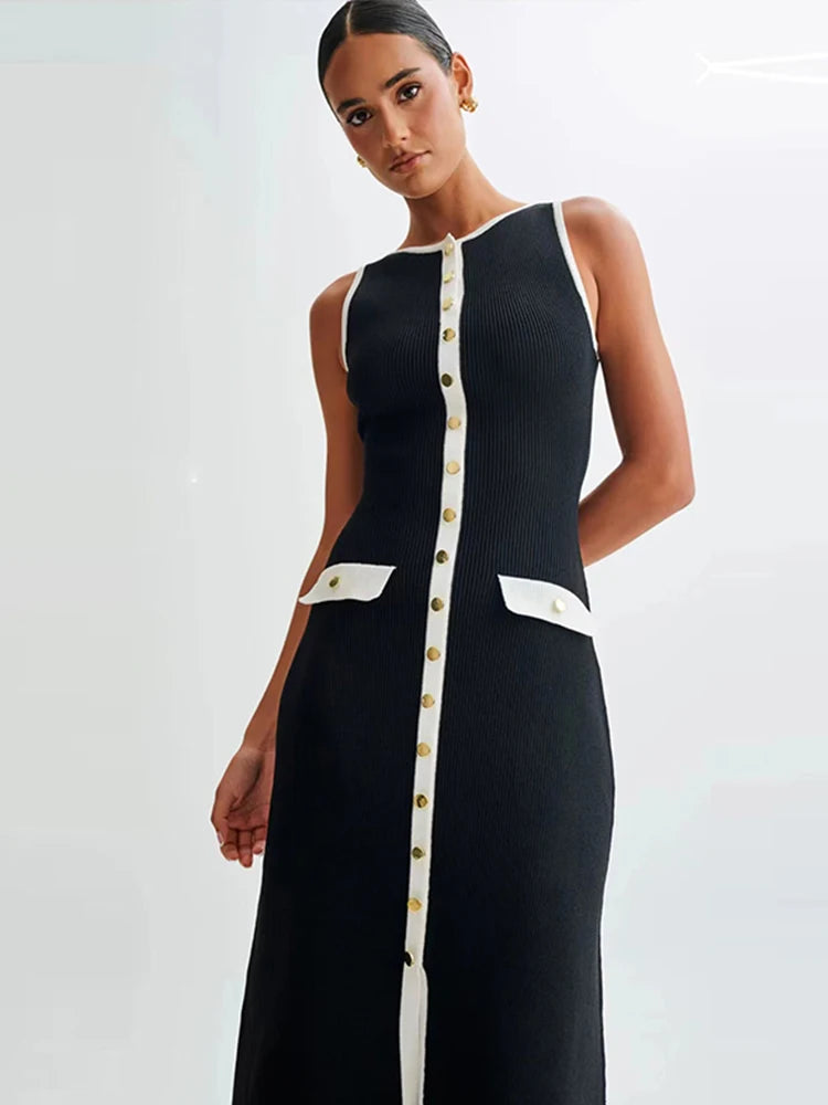 Elegant Single Breasted Knitted Maxi Dress Women Fashion O Neck Sleeveless Fake Pockets Dresses  New Lady High Street Robes