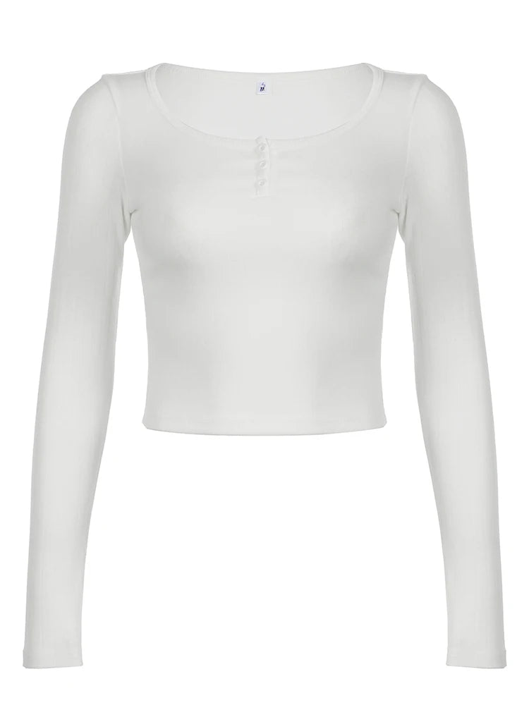 White Solid Hook Hollow Knitted Slim Long Sleeve Cropped T Shirt Women Button Up O Neck Basic Simple Casual Spring Autumn Tees