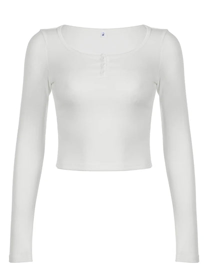 White Solid Hook Hollow Knitted Slim Long Sleeve Cropped T Shirt Women Button Up O Neck Basic Simple Casual Spring Autumn Tees