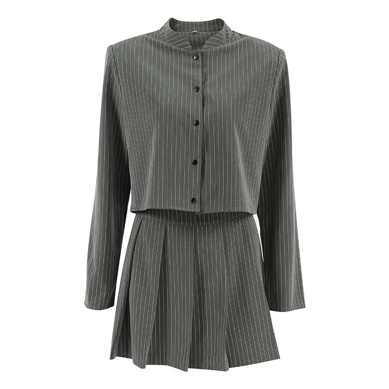 Women Striped Skirt Set Stand Collar Single Breasted Top High Waist Pleated Skirts 2024 Summer Fall New Fashion Lady Office Suit