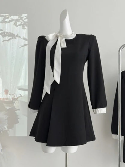 Elegant Evening Dresses for Women Patchwork O-neck Long Sleeves A-line Party Dress Korean Fashion French Retro Vestidos Mujer