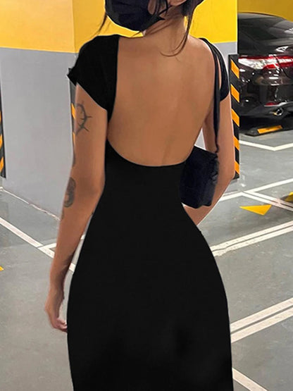 Solid Backless Skinny Sexy Short Sleeve Long Dress Women Elegant Fashion Summer Vacation Outfits
