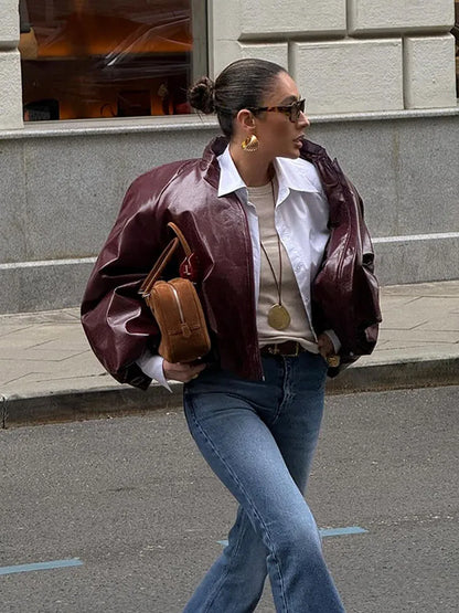 Lady Retro Solid Color Stand Up Collar Pilot Jacket Fashion New Long Sleeved Zipper Jackets High Street Women Commuter Coat