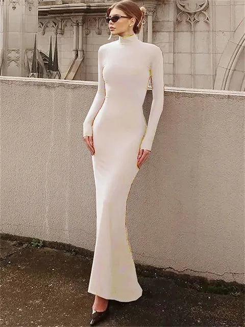 Skinny Turtleneck Backless Maxi Dress Women’s Patchwork High Waist Solid Fashion Hollow Out Party Dress Female Long Dress