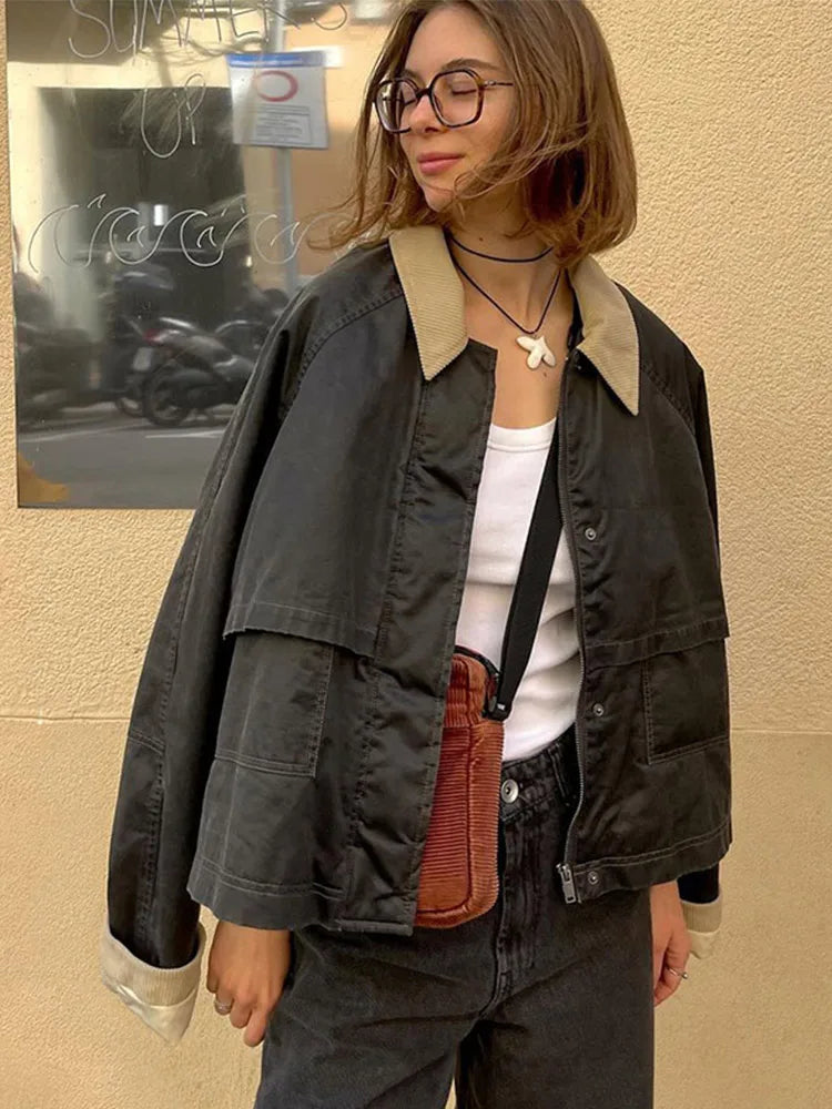 New Women's Cargo Jackets Vintage Long Sleeve Patchwork Outwear With Pocket Street Style Punk Loose Casual Top Coats
