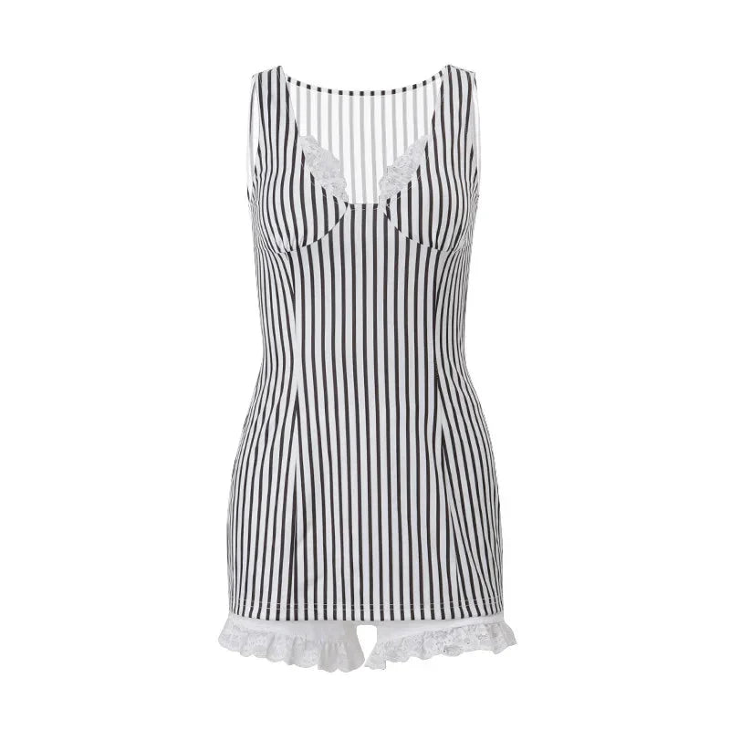 y2k 2 Piece Set Stripe Print Sleeveless Lace Trim V Neck Mini Bodycon Dress with Shorts 2000s Streetwear