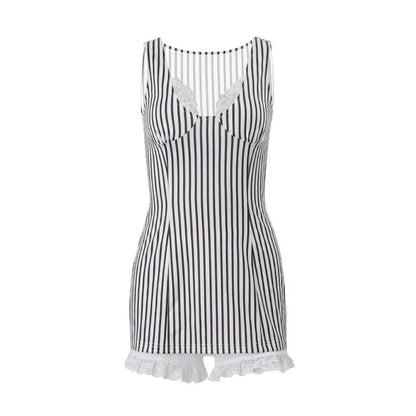 y2k 2 Piece Set Stripe Print Sleeveless Lace Trim V Neck Mini Bodycon Dress with Shorts 2000s Streetwear