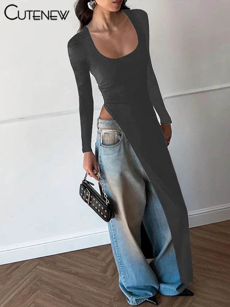 Solid Super Long Tops Women Casual Fashion Full Sleeve Square Neck Splited Skinny Tees Solid Concise Female Classic Wear