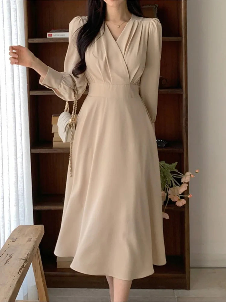 Korean Fashion Autumn Midi Dresses for Women Long Sleeves V-neck A-line Solid Casual Dress Office Lady Clothing  New