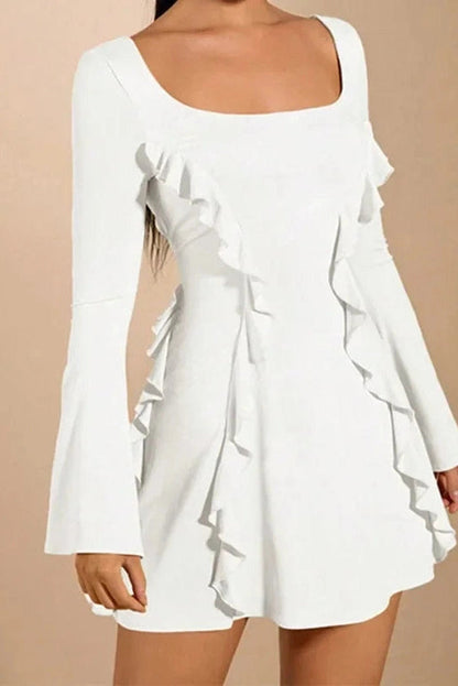 Lace Up Slim Patchwork A-Line Long Sleeve Mini Dress