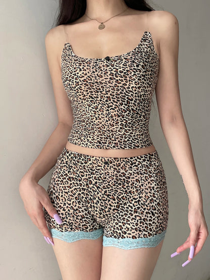 Contrast Lace Trim Leopard Print 2 Pieces Sets Womens Sleeveless Cropped Camisole And Skinny Shorts Rave Baddie Outfits