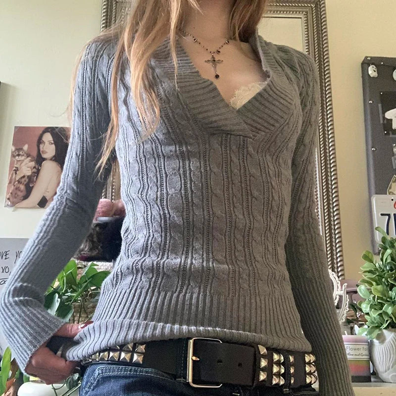 Solid Twist Knit Fitted Sweater Top V Neck with Hooded Women Long Sleeve Pullovers Knitwear Casual Basic Y2K Outfits