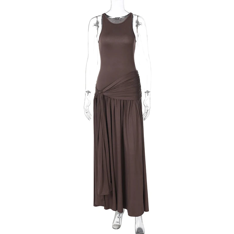 Fashion Ribbon Ruffles Slim Dress For Women Sleeveless Streetwear Long Solid Dress Autumn Lady Club Party Maxi Vest Dress