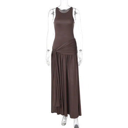 Fashion Ribbon Ruffles Slim Dress For Women Sleeveless Streetwear Long Solid Dress Autumn Lady Club Party Maxi Vest Dress