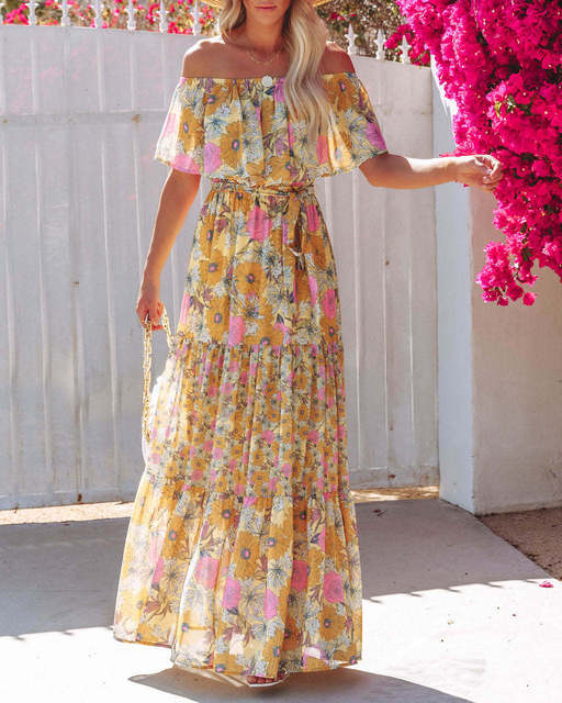 Flower Print Off Shoulder Long Dresses For Women Spring Summer New Fashion Temperament High Waist Leace-up Dress Female Vestidos