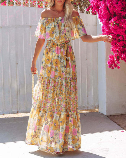 Flower Print Off Shoulder Long Dresses For Women Spring Summer New Fashion Temperament High Waist Leace-up Dress Female Vestidos