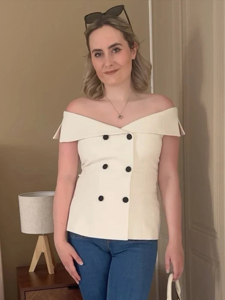 Fashion Off Shoulder Double-breasted Vest Women Sexy Slim Sleeveless Waistcoat  Summer New Ladies Fashion Tops Streetwear