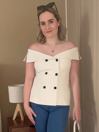 Fashion Off Shoulder Double-breasted Vest Women Sexy Slim Sleeveless Waistcoat  Summer New Ladies Fashion Tops Streetwear