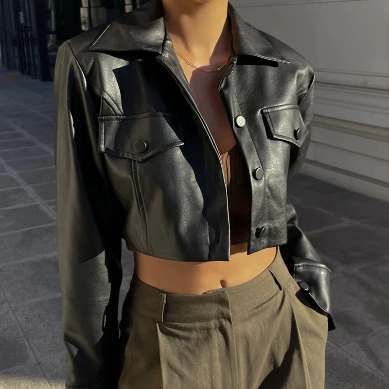 Button Detail Short Faux Leather Jacket