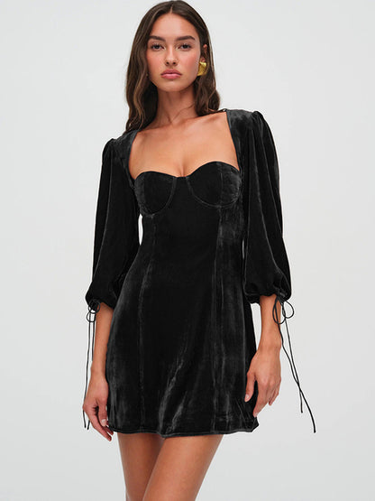 JULISSA MO Sexy Backless Lace Up Women Dress Black Long Sleeve Square Collar Dress Female Winter Slim Elegant Party Club Outfit