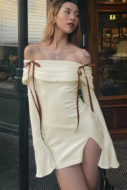 Off-Shoulder Lace Up Mini Dress with Flare Sleeves and Split Hem