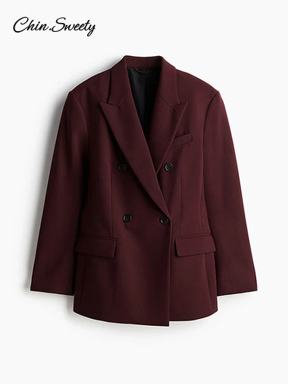 Fashion Burgundy Lapel Blazer Coat Women Elegant Double Breasted Full Sleeve Pocket Jacket  Fall New Female Commute Outwear