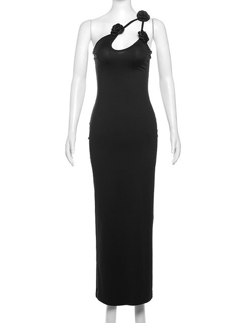 Elegant Sleeveless Irregular Bodycon Women Evening Dress  Fall New Flower Ornament Shoulder Vestido Sexy Long Dress