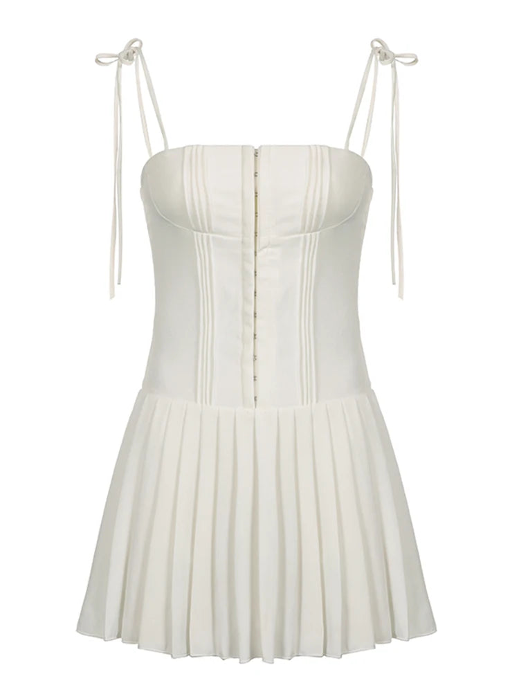 Sweet French Style White Spaghetti Straps A Line Pleated Dresses For Women Front Hook Closure Fit And Flare Mini Dress