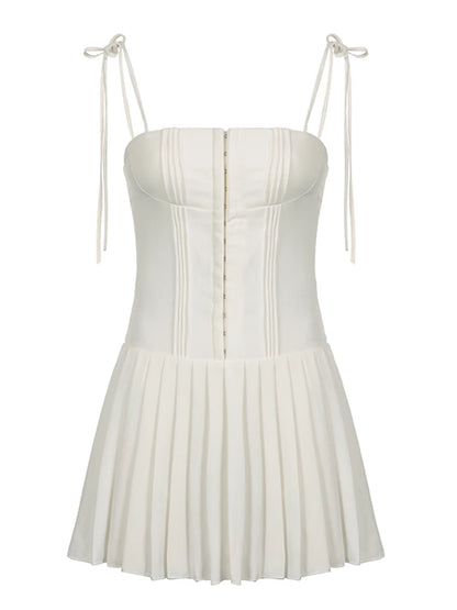Sweet French Style White Spaghetti Straps A Line Pleated Dresses For Women Front Hook Closure Fit And Flare Mini Dress