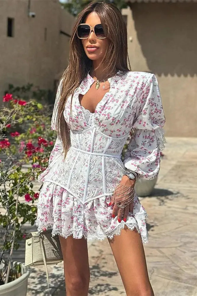 Printed Lace Mini Dress with V-Neck