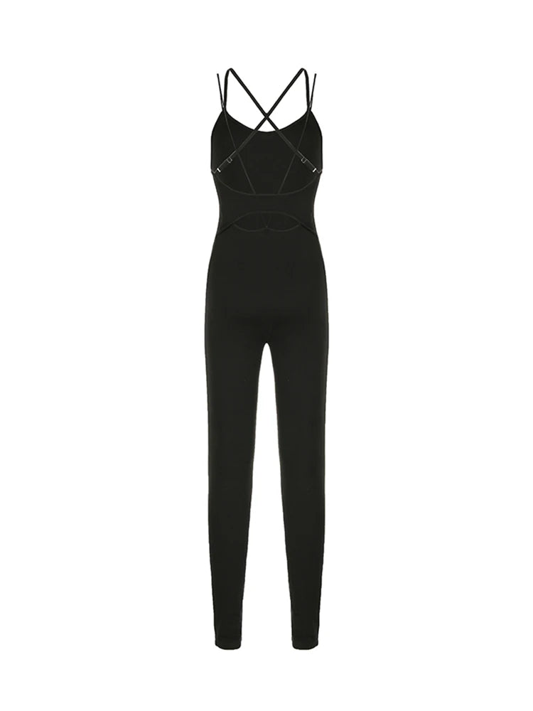 Cross Backless Cut Out Skinny Sexy Sleeveless Black Rompers Womens Jumpsuit Casual Sportswear