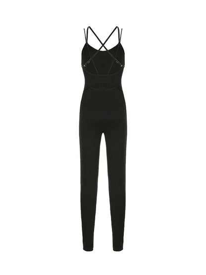 Cross Backless Cut Out Skinny Sexy Sleeveless Black Rompers Womens Jumpsuit Casual Sportswear